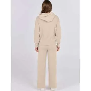 ANRABESS Women 2 Piece Outfits Sweater Sets Loose Long Sleeve Hoodies Knit Pullover Wide Leg Pants 2025 Fall Lounge Sweatsuit Beige Medium