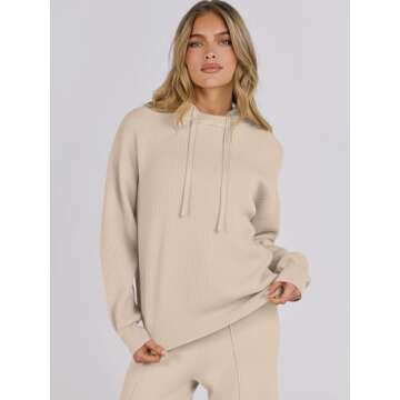 ANRABESS Women 2 Piece Outfits Sweater Sets Loose Long Sleeve Hoodies Knit Pullover Wide Leg Pants 2025 Fall Lounge Sweatsuit Beige Medium