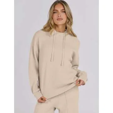 ANRABESS Women 2 Piece Outfits Sweater Sets Loose Long Sleeve Hoodies Knit Pullover Wide Leg Pants 2025 Fall Lounge Sweatsuit Beige Medium