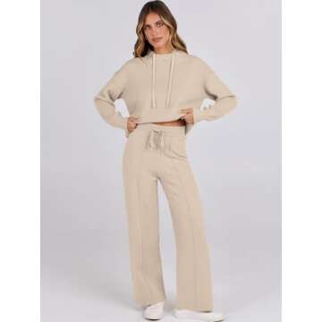 ANRABESS Women 2 Piece Outfits Sweater Sets Loose Long Sleeve Hoodies Knit Pullover Wide Leg Pants 2025 Fall Lounge Sweatsuit Beige Medium