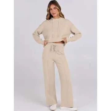 ANRABESS Women 2 Piece Outfits Sweater Sets Loose Long Sleeve Hoodies Knit Pullover Wide Leg Pants 2025 Fall Lounge Sweatsuit Beige Medium