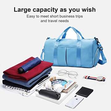 ZGWJ Sports Gym Bag with Wet Pocket & Shoes Compartment, Waterproof Shoulder Weekender Bag for Women and Men Swim Sports Travel Gym Bag Lightweight and easy Carry on Light Blue