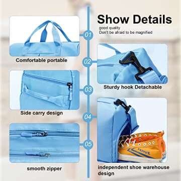 ZGWJ Sports Gym Bag with Wet Pocket & Shoes Compartment, Waterproof Shoulder Weekender Bag for Women and Men Swim Sports Travel Gym Bag Lightweight and easy Carry on Light Blue