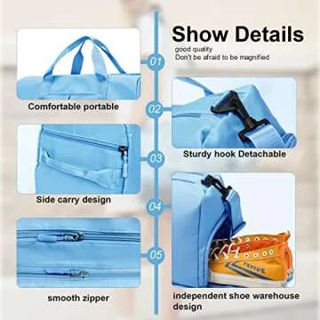 ZGWJ Sports Gym Bag with Wet Pocket & Shoes Compartment, Waterproof Shoulder Weekender Bag for Women and Men Swim Sports Travel Gym Bag Lightweight and easy Carry on Light Blue