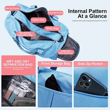 ZGWJ Sports Gym Bag with Wet Pocket & Shoes Compartment, Waterproof Shoulder Weekender Bag for Women and Men Swim Sports Travel Gym Bag Lightweight and easy Carry on Light Blue