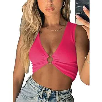 AEVZIV Sexy Crop Tops for Women Sleeveless Deep V Neck Workout Tops Plunge Ring Cleavage Cropped Tank Top Rose XS