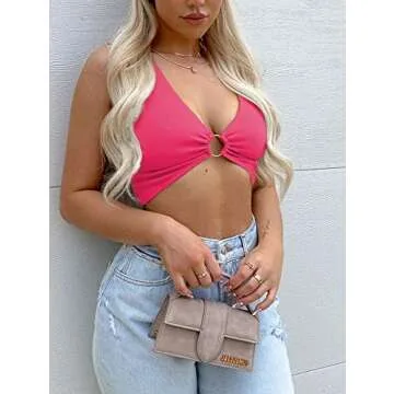 AEVZIV Sexy Crop Tops for Women Sleeveless Deep V Neck Workout Tops Plunge Ring Cleavage Cropped Tank Top Rose XS