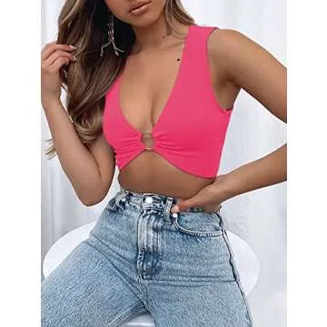 AEVZIV Sexy Crop Tops for Women Sleeveless Deep V Neck Workout Tops Plunge Ring Cleavage Cropped Tank Top Rose XS