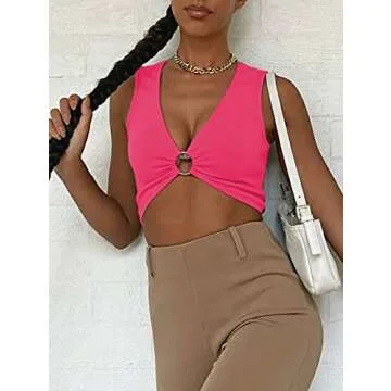 AEVZIV Sexy Crop Tops for Women Sleeveless Deep V Neck Workout Tops Plunge Ring Cleavage Cropped Tank Top Rose XS