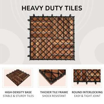 10 PCs Interlocking Wooden Deck Tiles 12x12 inches, Waterproof All Weather Tiles for Porch Flooring, Outdoor Patio Wood Floor Tiles, Balcony Deck, Easy Snap Lock, Teak