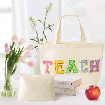 Stylish Chenille Teacher Tote & Makeup Bag Gift Set