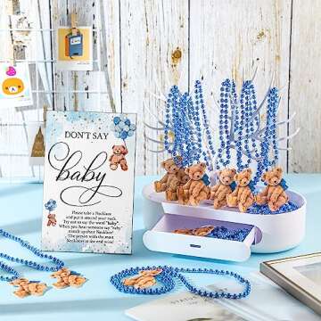 Roowest 51 Don't Say Baby Shower Game Wooden Sign Table Decor Gift Sets 50 Necklaces Felt Necklaces for Baby Shower Gender Reveal Games Party Favor(Blue)