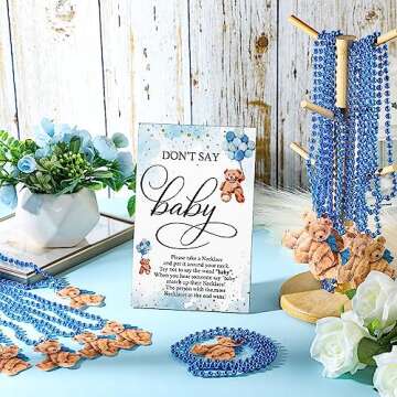 Roowest 51 Don't Say Baby Shower Game Wooden Sign Table Decor Gift Sets 50 Necklaces Felt Necklaces for Baby Shower Gender Reveal Games Party Favor(Blue)