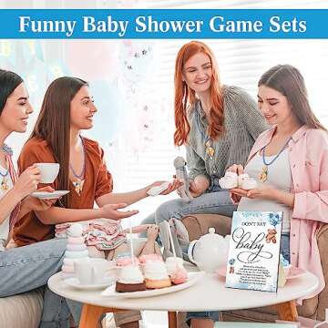 Roowest 51 Don't Say Baby Shower Game Wooden Sign Table Decor Gift Sets 50 Necklaces Felt Necklaces for Baby Shower Gender Reveal Games Party Favor(Blue)