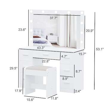 Irontar Vanity Desk with Stool, Makeup Table with Lighted Mirror, 3 Color Lighting Modes, Brightness Adjustable, Dressing Table with Drawers, Bedroom Vanity Table Set for Women, White