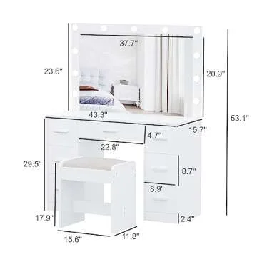 Irontar Vanity Desk with Stool, Makeup Table with Lighted Mirror, 3 Color Lighting Modes, Brightness Adjustable, Dressing Table with Drawers, Bedroom Vanity Table Set for Women, White