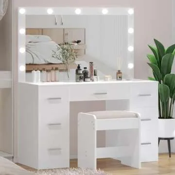 Irontar Vanity Desk with Stool, Makeup Table with Lighted Mirror, 3 Color Lighting Modes, Brightness Adjustable, Dressing Table with Drawers, Bedroom Vanity Table Set for Women, White