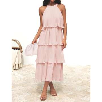 ZESICA Women's Summer Sleeveless Halter Neck Ruffle Tiered Layed Chiffon Flowy Swing Long Midi Dress,Pink,Small