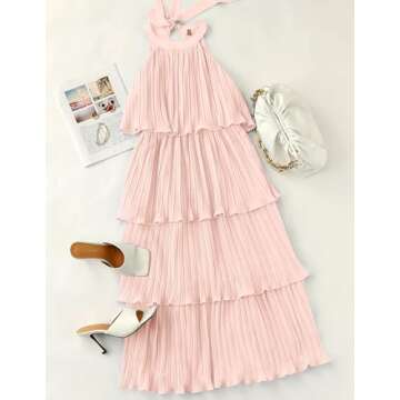 ZESICA Women's Summer Sleeveless Halter Neck Ruffle Tiered Layed Chiffon Flowy Swing Long Midi Dress,Pink,Small