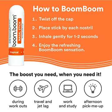 BoomBoom Nasal Stick (3 Pack) | Vapor Flow Technology | Better Breathing + Natural Focus | Cool Refreshing Sensation | Premium Essential Oils + Menthol Inhaler (Tropical)