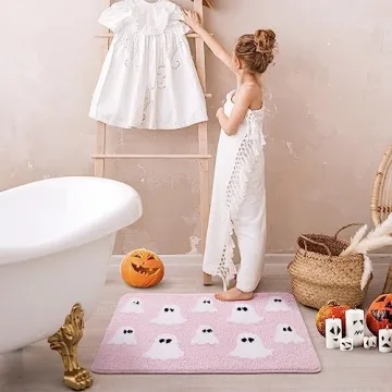 TRUEDAYS Halloween Spooky Ghosts Bath Mat Cute Home Decor Pink Bathroom Rugs for Bathroom Non Slip, Spooky Shower Rug for Bathroom, Bedroom, Living Home