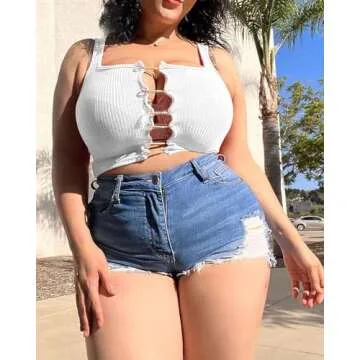 Women Going Out Crop Top Sexy Square Neck Cropped Tank Top Trendy Cut Out Sleeveless Ribbed Tops Summer White L