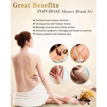 Dry Brushing Body Brush, POPCHOSE Body Scrubber for Men Women, Back Scrubber for Shower, Natural Bristle Exfoliator Scrubber for Body Cellulite and Lymphatic, Long Handle, Detachable, Dual Brush Heads