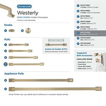 Amerock | Cabinet Pull | Golden Champagne | 6-5/16 inch (160 mm) Center to Center | Westerly | 1 Pack | Drawer Pull | Drawer Handle | Cabinet Hardware