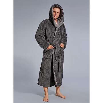 SlumberMee Mens Fleece Plush Robe with Hood Ultra Soft Fluffy Full Length Long with Pockets Luxuriou...