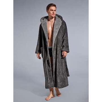 SlumberMee Mens Fleece Plush Robe with Hood Ultra Soft Fluffy Full Length Long with Pockets Luxurious House Coat (Dark Grey, L)