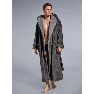 SlumberMee Mens Fleece Plush Robe with Hood Ultra Soft Fluffy Full Length Long with Pockets Luxurious House Coat (Dark Grey, L)