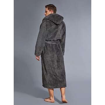 SlumberMee Mens Fleece Plush Robe with Hood Ultra Soft Fluffy Full Length Long with Pockets Luxurious House Coat (Dark Grey, L)
