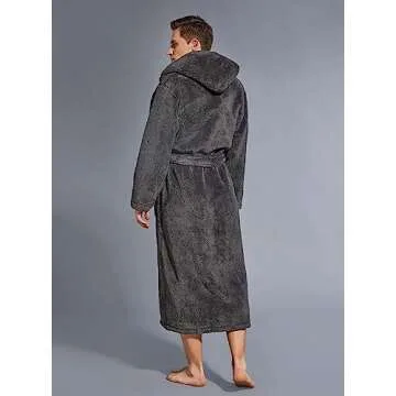 SlumberMee Mens Fleece Plush Robe with Hood Ultra Soft Fluffy Full Length Long with Pockets Luxurious House Coat (Dark Grey, L)