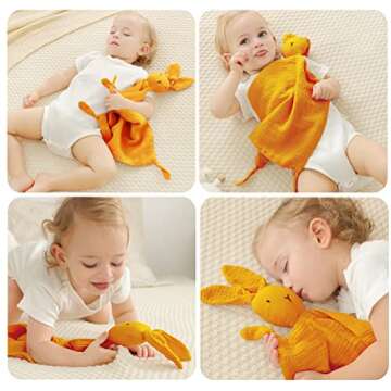 PEIPEIWU Organic Cotton Muslin Lovey Blanket, Organic Cotton Muslin Bunny Security Blanket Soft & Br...