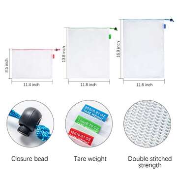 Prefer Green 12PCS Reusable Produce Bags, Premium Zero Waste Mesh Bags for Storage Fruit Vegetables, Eco-Friendly With Colorful Tare Weight on Tags, 3 Sizes
