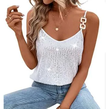 Concert Outfits for Women Rock Outfit Silver Sequin top for Women Glitter top Bejeweled Silver Tank Dance White M
