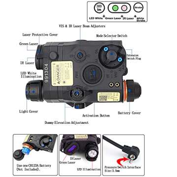 LThyzszb Airsoft PEQ Box PEQ 15 Visable Green Laser Sight & IR Laser & LED Flashlight with Strobe 300 Lumens for Airsoft AEG (Black)