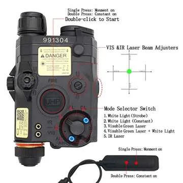 LThyzszb Airsoft PEQ Box PEQ 15 Visable Green Laser Sight & IR Laser & LED Flashlight with Strobe 300 Lumens for Airsoft AEG (Black)