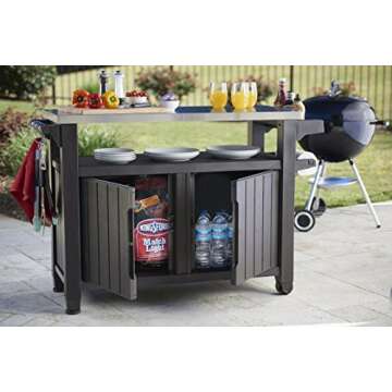Keter Outdoor Rolling Table Cart for Food Prep, Storage, Bar & Grill, Dark Brown