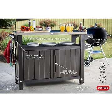 Keter Outdoor Rolling Table Cart for Food Prep, Storage, Bar & Grill, Dark Brown
