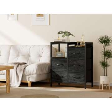Furnulem 5 Drawer Black Dressers for Bedroom 2 Tier Shelf Storage Small Fabric Dresser for Closet St...