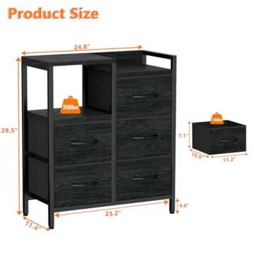 Furnulem 5 Drawer Black Dressers for Bedroom 2 Tier Shelf Storage Small Fabric Dresser for Closet Sturdy Metal Frame Modern Style Storage Cabinets Organization Units for Hallway Rooms