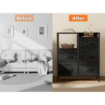 Furnulem 5 Drawer Black Dressers for Bedroom 2 Tier Shelf Storage Small Fabric Dresser for Closet Sturdy Metal Frame Modern Style Storage Cabinets Organization Units for Hallway Rooms