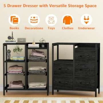 Furnulem 5 Drawer Black Dressers for Bedroom 2 Tier Shelf Storage Small Fabric Dresser for Closet Sturdy Metal Frame Modern Style Storage Cabinets Organization Units for Hallway Rooms
