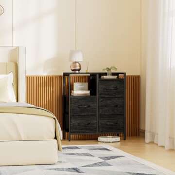 Furnulem 5 Drawer Black Dressers for Bedroom 2 Tier Shelf Storage Small Fabric Dresser for Closet Sturdy Metal Frame Modern Style Storage Cabinets Organization Units for Hallway Rooms