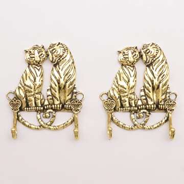 JruiZhp Coat Hooks for Wall,Animal Decoration Wall Hooks Retro Double Hooks, 2Pcs Utility Hooks for Hanging Coat, Scarf, Key, Towel, Bags, Cup, Hat (Tiger)