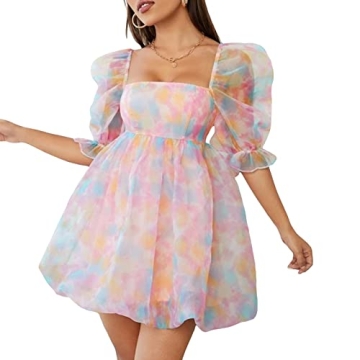 Fairy Mesh Tulle Dress for Women Puff Sleeve Mini Princess Dress Square Neck Prom Short Party Dress?...