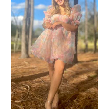 Fairy Mesh Tulle Mini Dress for Women Puff Sleeve