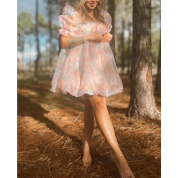 Fairy Mesh Tulle Mini Dress for Women Puff Sleeve