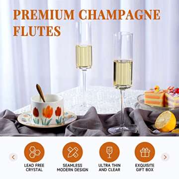 RorAem Square Champagne Glasses Set of 4 Modern Hand Blown Crystal Champagne Flute Glass Gifts for W...